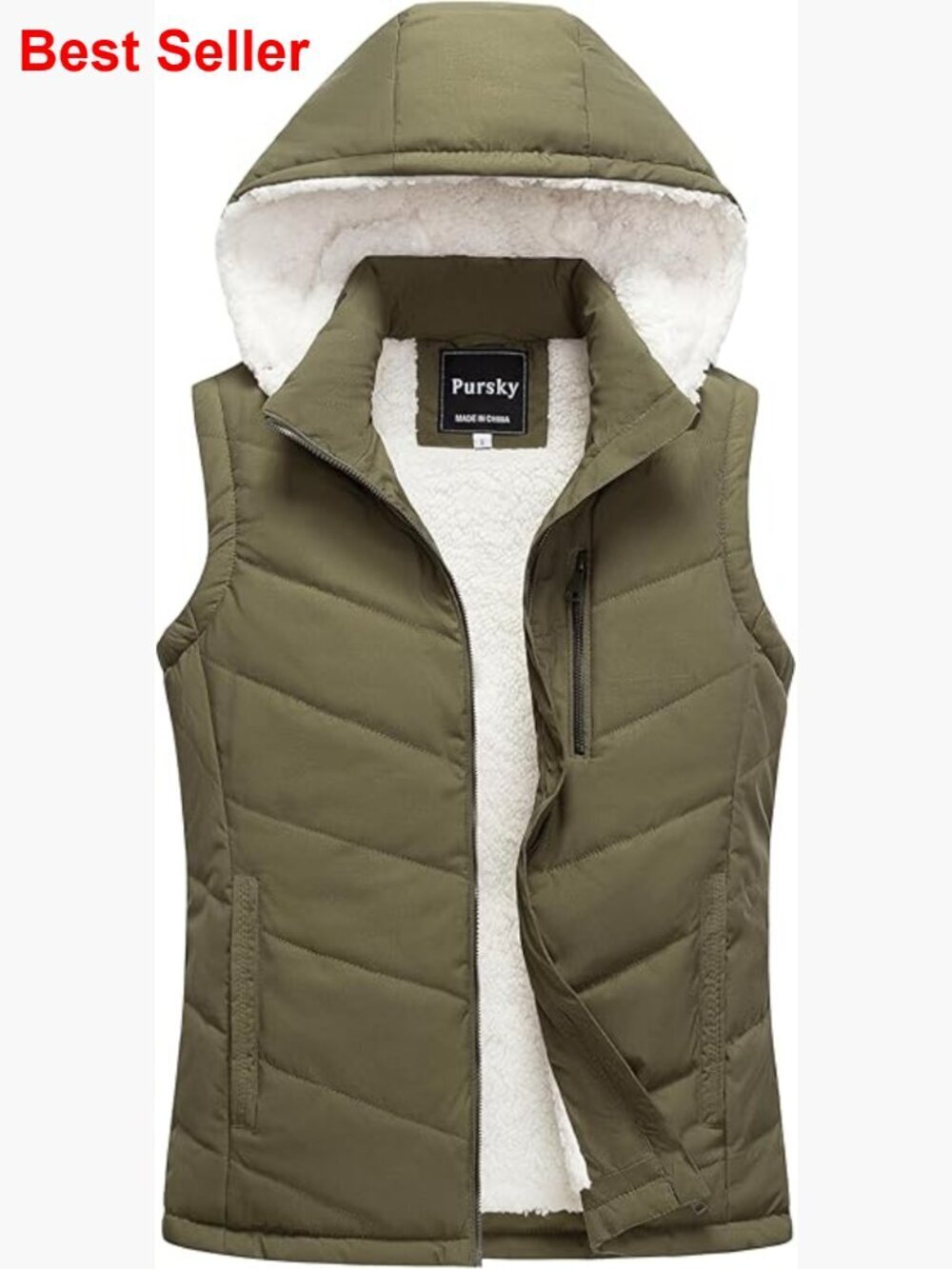 Sherpa Fleece Lined Puffer Vest with Removable Hood, Waterproof & Windproof